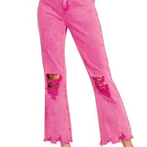 NWT ZENANA LADIES ACID WASHED HIGH WAIST DISTRESSED STRAIGHT PANTS - HOT PINK